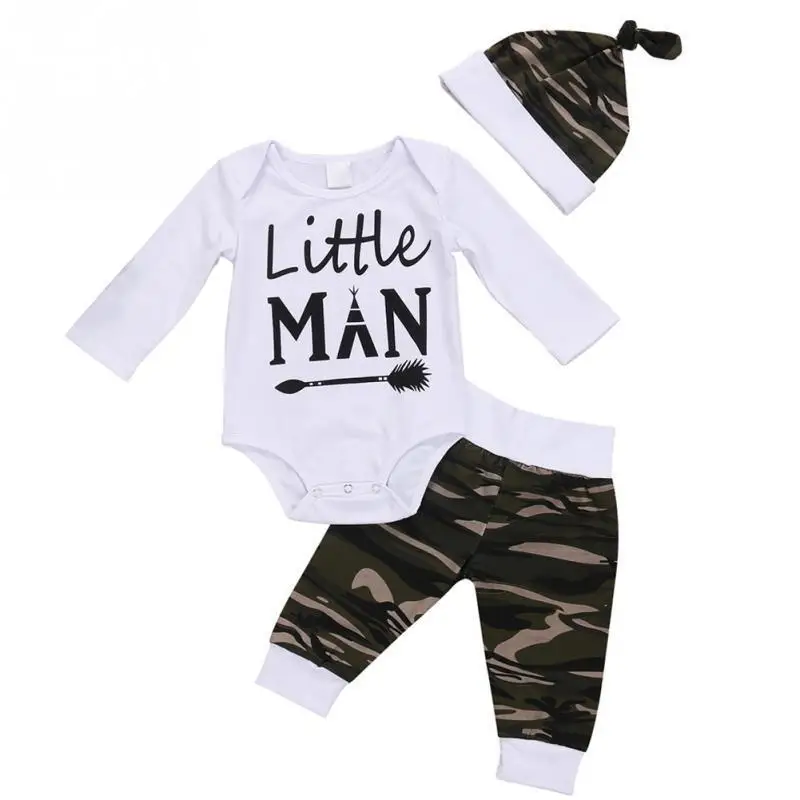 

3PCS Sets Newborn Infant Baby Boy Clothes Little Man Printed Tops bodysuit+Pants+Hat Baby Boy Clothing Outfits