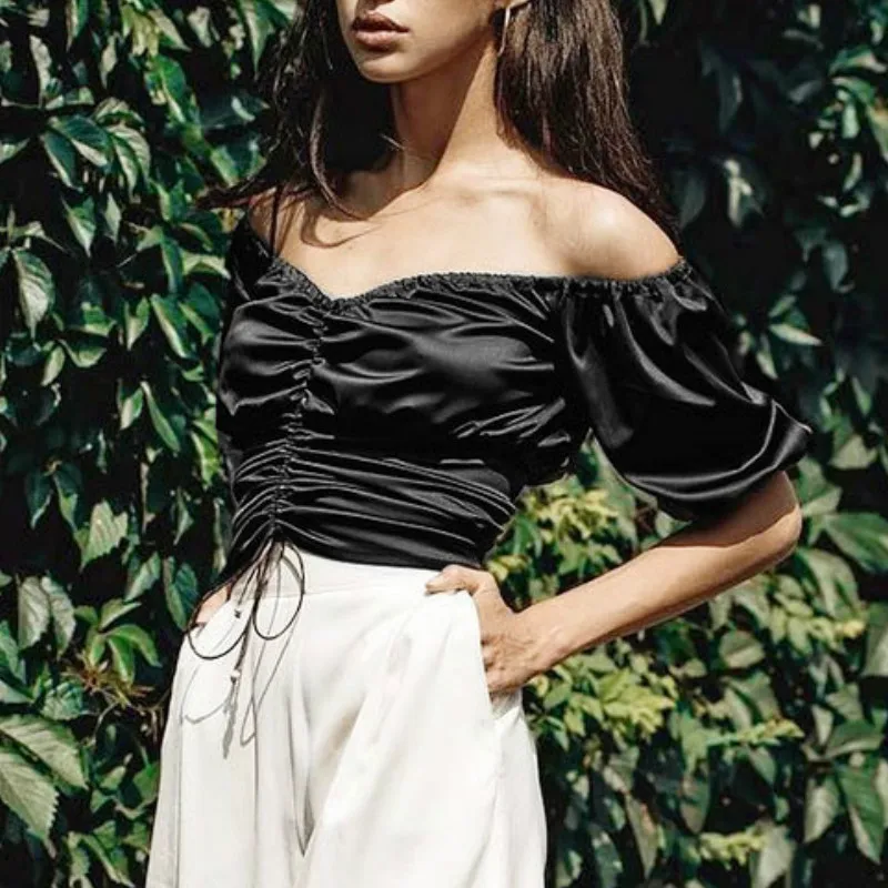 Шелковая атласная блузка женская без бретелек ремни с коротким рукавом Футболка