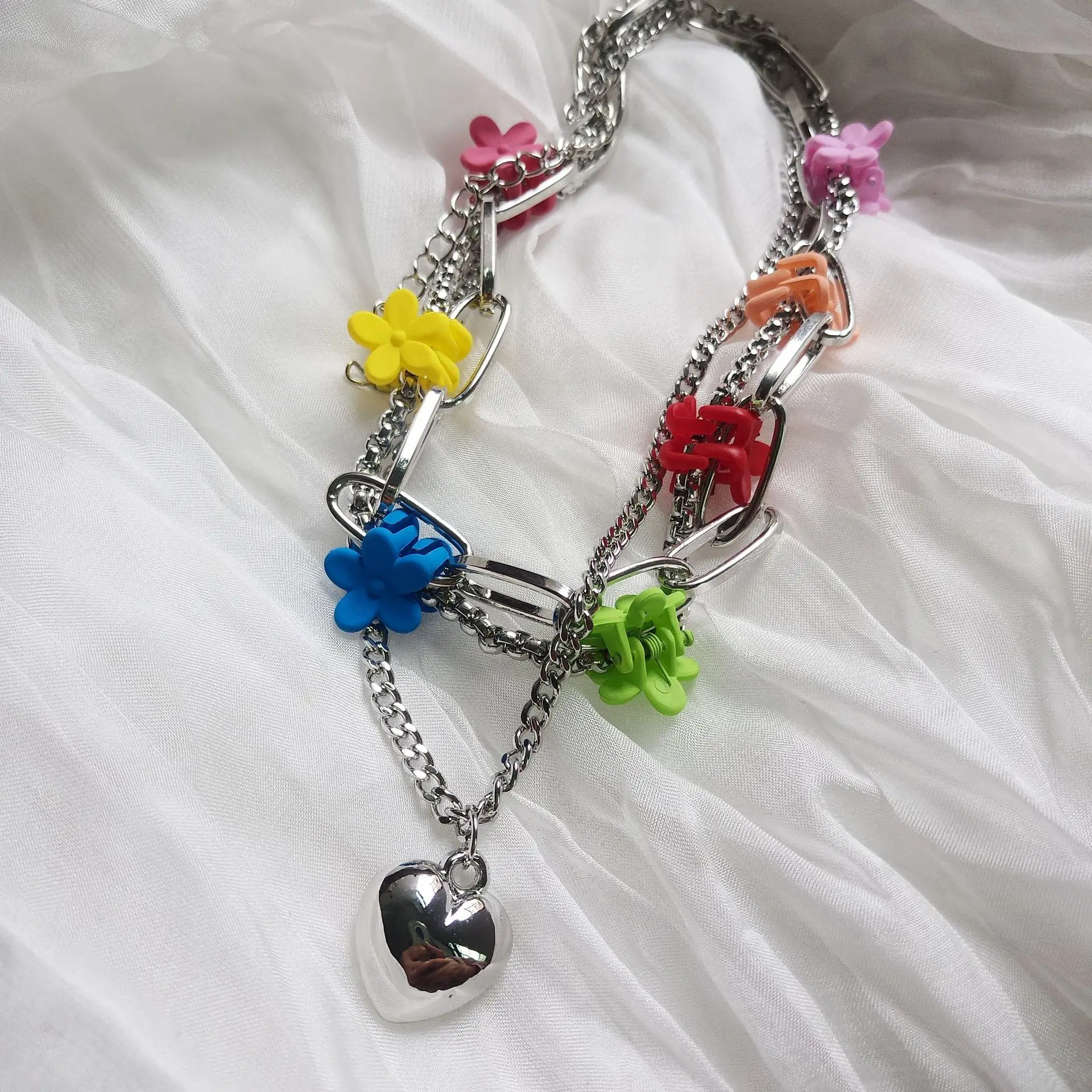 HUANZHI, новинка, разноцветный цветочный зажим, многослойная подвеска на серебряной цепочке, металлическая линия, цепочка с замком, ожерелье для женщин, ювелирные изделия