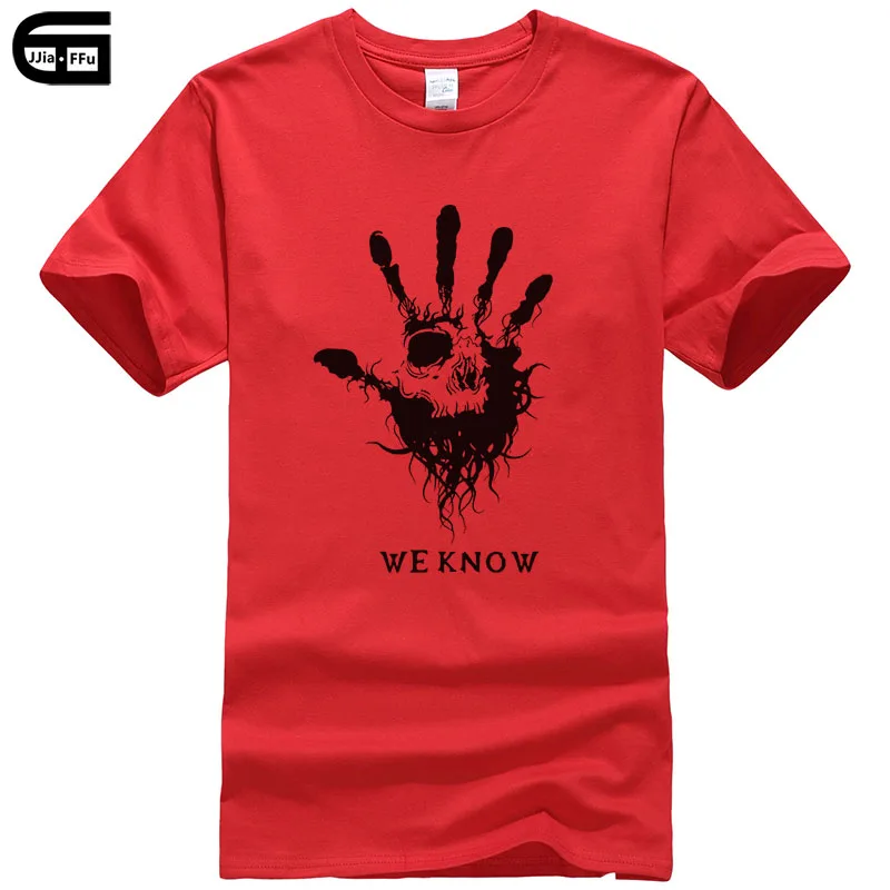 red We know Skyrim Футболка мужская мода мультфильм Лето короткий рукав забавная футболка хлопковая Футболка с принтом Мужские крутые футболки T339 - Цвет: red