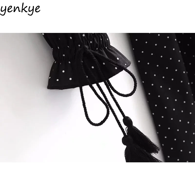 Весна 2018 Для женщин Винтаж в платье горошек Drawstring манжеты с длинным рукавом и