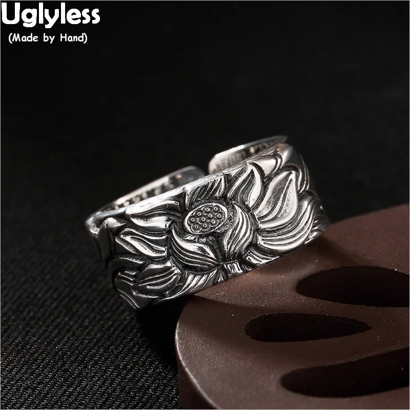 

Uglyless Real 999 Fine Silver Handmade Lotus Rings for Women Buddhism Heart Sutra Open Ring Ethnic Thai Silver Religious Jewelry