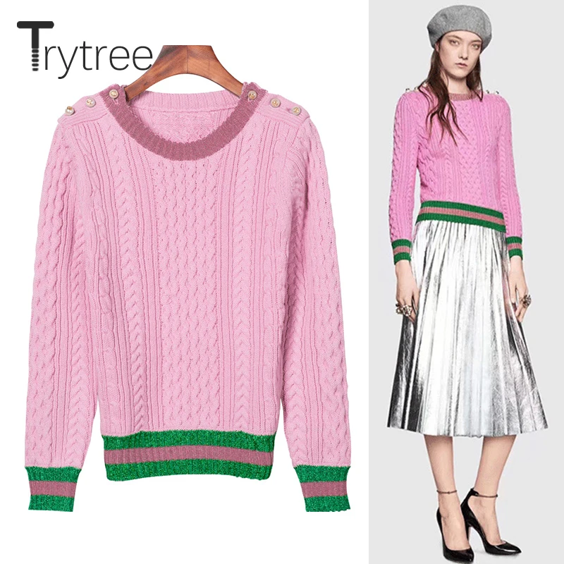 Trytree Women Casual Sweater O-Neck Autumn Winter Patchwork colours Pullovers full sleeve cotton Pink Top | Женская одежда