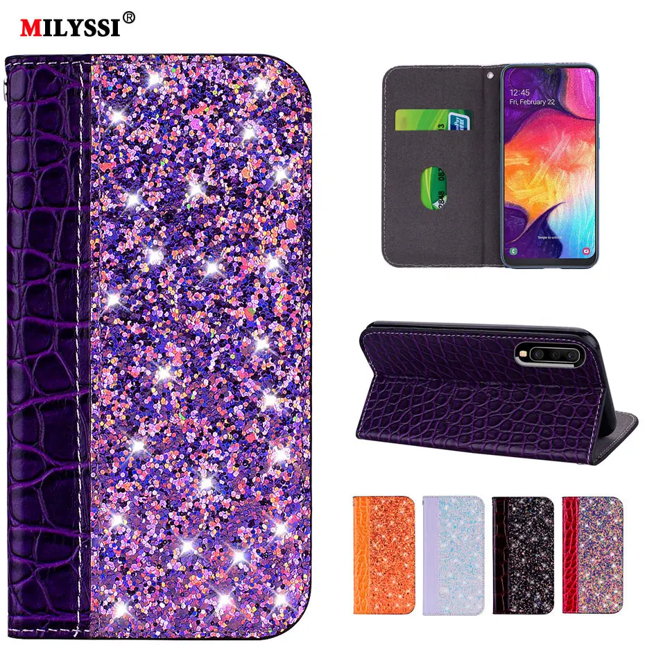 Glittering PU Leather Flip Case for Samsung Galaxy A10 A20 A30 A50 Phone Cover A50S A20S A10S M10 M20 M30 S | Мобильные телефоны и