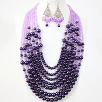 new fashion women purple imitation shell pearl crystal beads 7 rows necklace earrings charms handmade bohemia jewelry set b1313