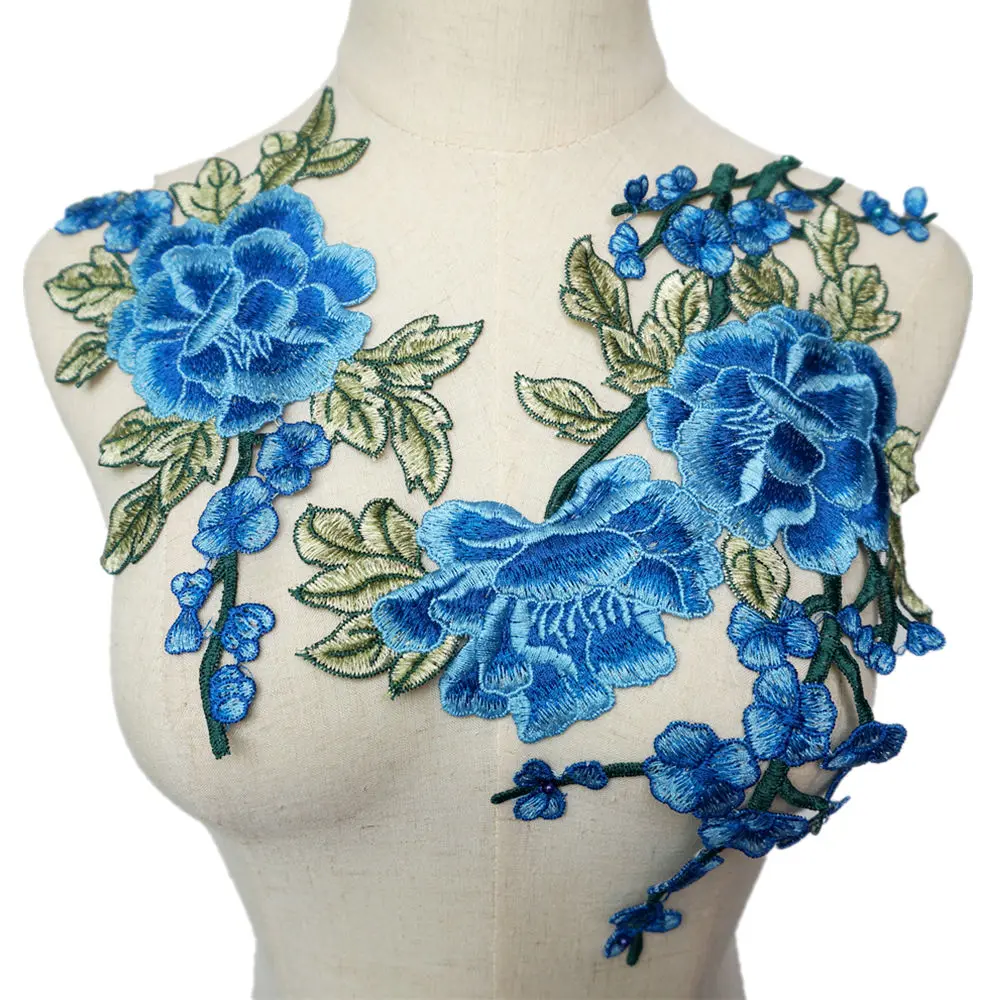 2 шт. тканевые аппликации с вышивкой в виде синих пионов | Дом и сад