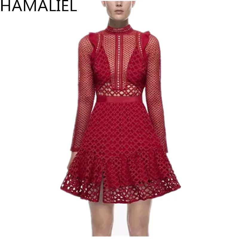 Женское платье Автопортрет HAMALIEL красное кружевное с оборками вечерние платья в