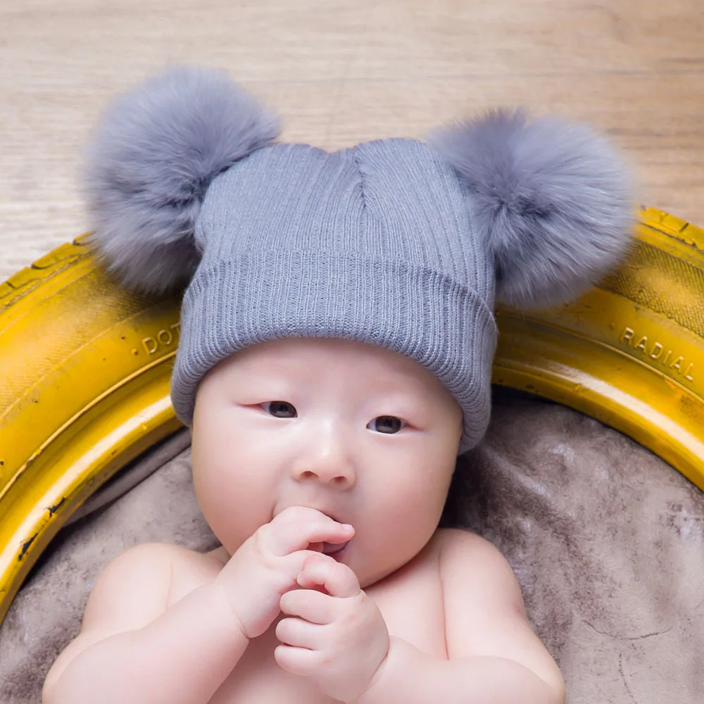 On Sale 1pcs Baby Winter Real Fox Fur Ball Beanie Knit Hat Kids Warm Pom Poms Skullies Toddler Infants Beanies Wool Cap | Детская одежда