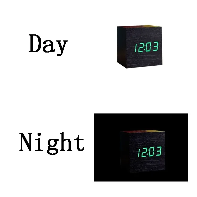 Кубический деревянный светодиодный Будильник управление звуками температуры