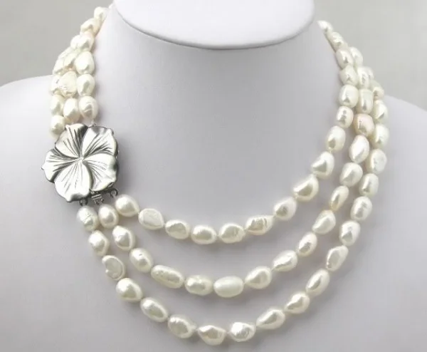 

3rows 8-9mm Natural White Akoya Cultured Pearl necklace Shell clasp /V205