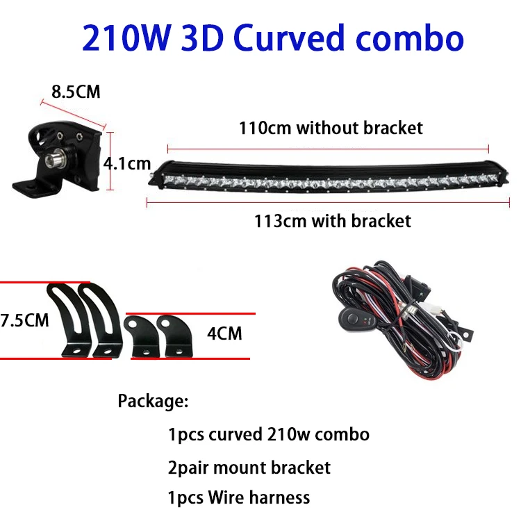 210w combo and wire Однорядный изогнутый светодиодный бар точечный комбинированный светодиодный светильник для внедорожника 4X4 Barra для авто трактора рабочий прожектор грузовика 12 В 24 В - Цвет: 210w combo and wire