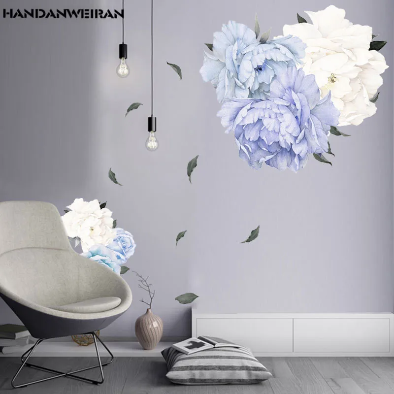 

1PCS 3D Peony Rose Flowers Wall Stickers Blue Vintage Wallpaper For Bedroom Living Room Decals Mural Home Decor kid Girls Gift
