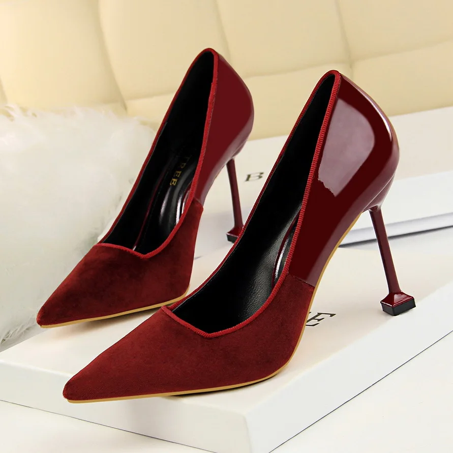 

Spring Women Shoes Pointed Toe Pumps 9.5CM Thin Heels Wedding Dress Shoes Patent leather Suede Colorblock High Heels Boat Shoes