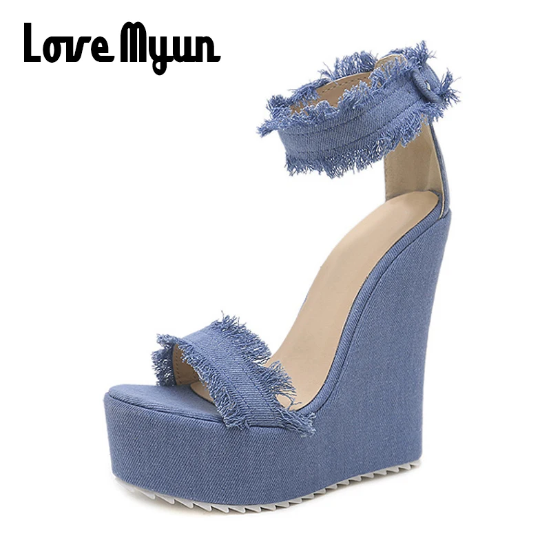 2018 Wedges sandals for women High Heels Platform shoes open toe high heels Sexy Blue Denim SD-26 | Обувь