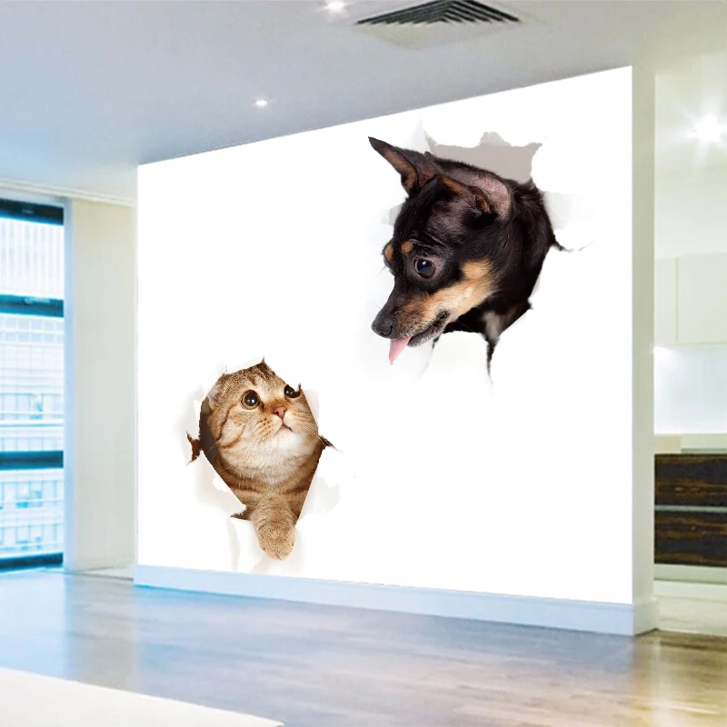

Creative Effect Cartoon Broken Wall Cat Dog background wallpaper living room bedroom hotel mural gallery Home decoration