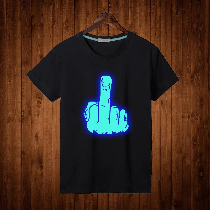 Купи Middle Finger T Shirt Glow Fashion Mens Women Black Color Gesture Logo Noctilucent T Shirt Top Tees O Neck Cotton Clothes Unisex за 592 рублей в магазине AliExpress