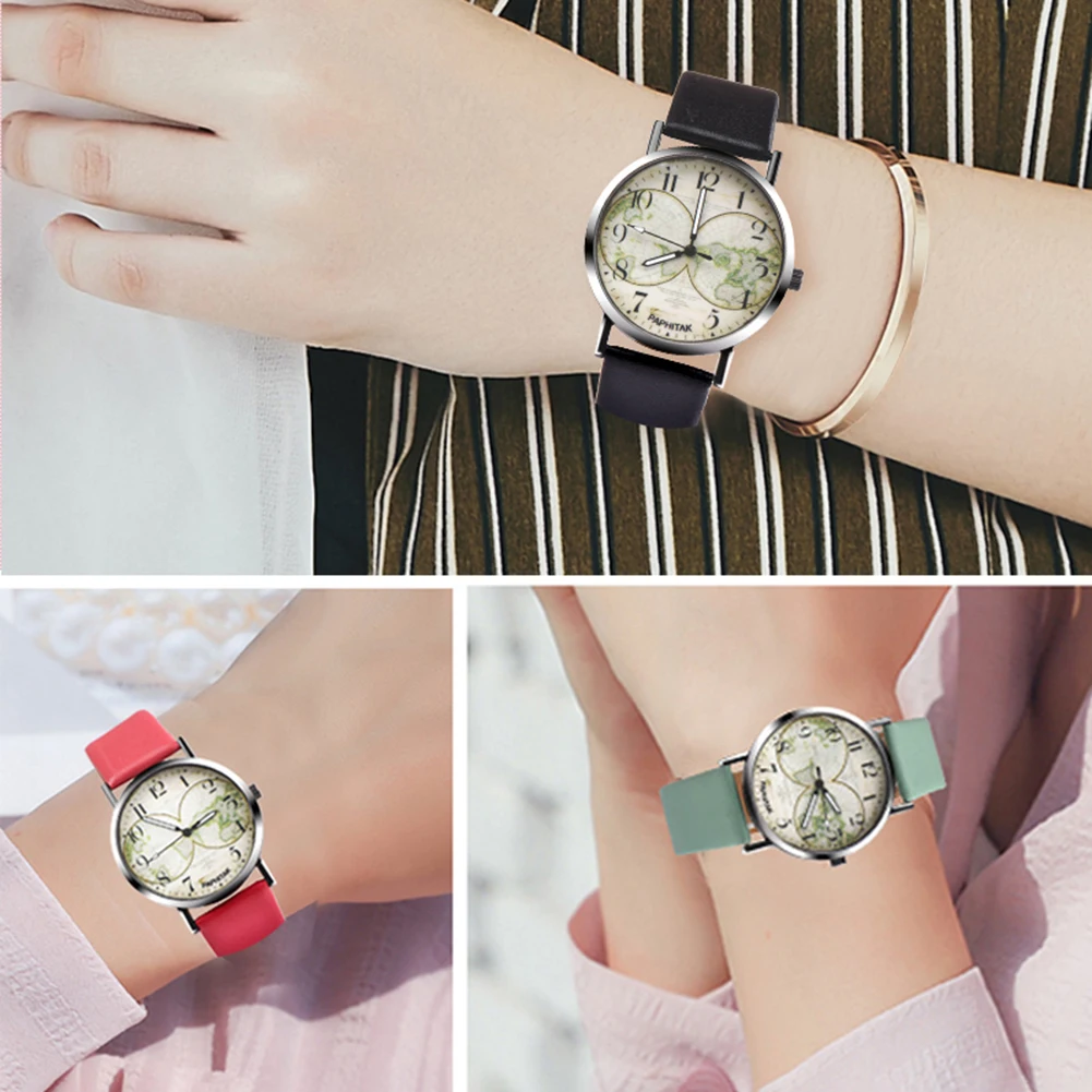 

Vintage Women Map Arabic Numbers Quartz Analog Pointer Party Travel Wrist Watch Bracelet fashion