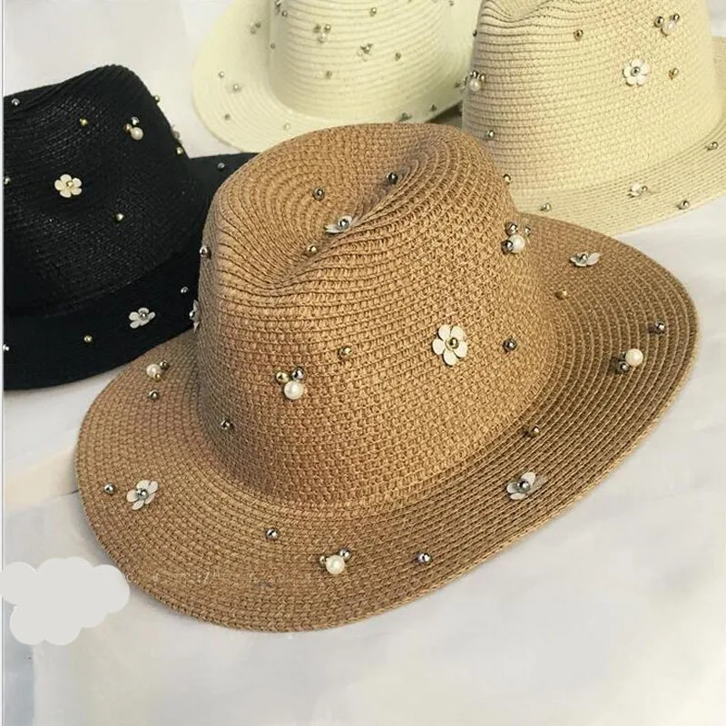 

2018 New Fashion Rivet Sequins Pearl Decoration Sun Hats For Women The Summer Caps Straw Hat 6 Colors