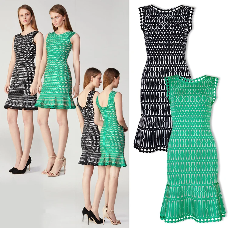 Женское Бандажное платье с круглым вырезом без рукавов черный зеленый белый