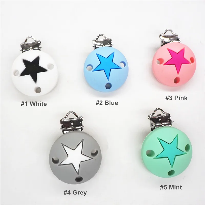 Chenkai 50pcs BPA Free Round Silicone Star Clips DIY Baby Teether Pacifier Dummy Montessori Sensory Holder Chain Jewelry Toy