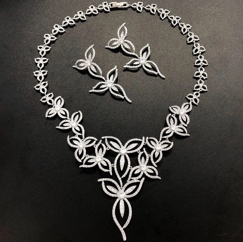 

HIBRIDE New Plant Design Cubic Zirconia Wedding Jewelry Sets for Women Bridal Earring Necklace Set Promotion Price N-1049