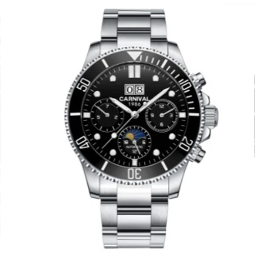 Silver black C8880 Moonphase мужские часы люксовый бренд механические Автоматические ролевые деловые часы мужские водонепроницаемые наручные часы reloj erkek kol saati uhr - Цвет: Silver black C8880