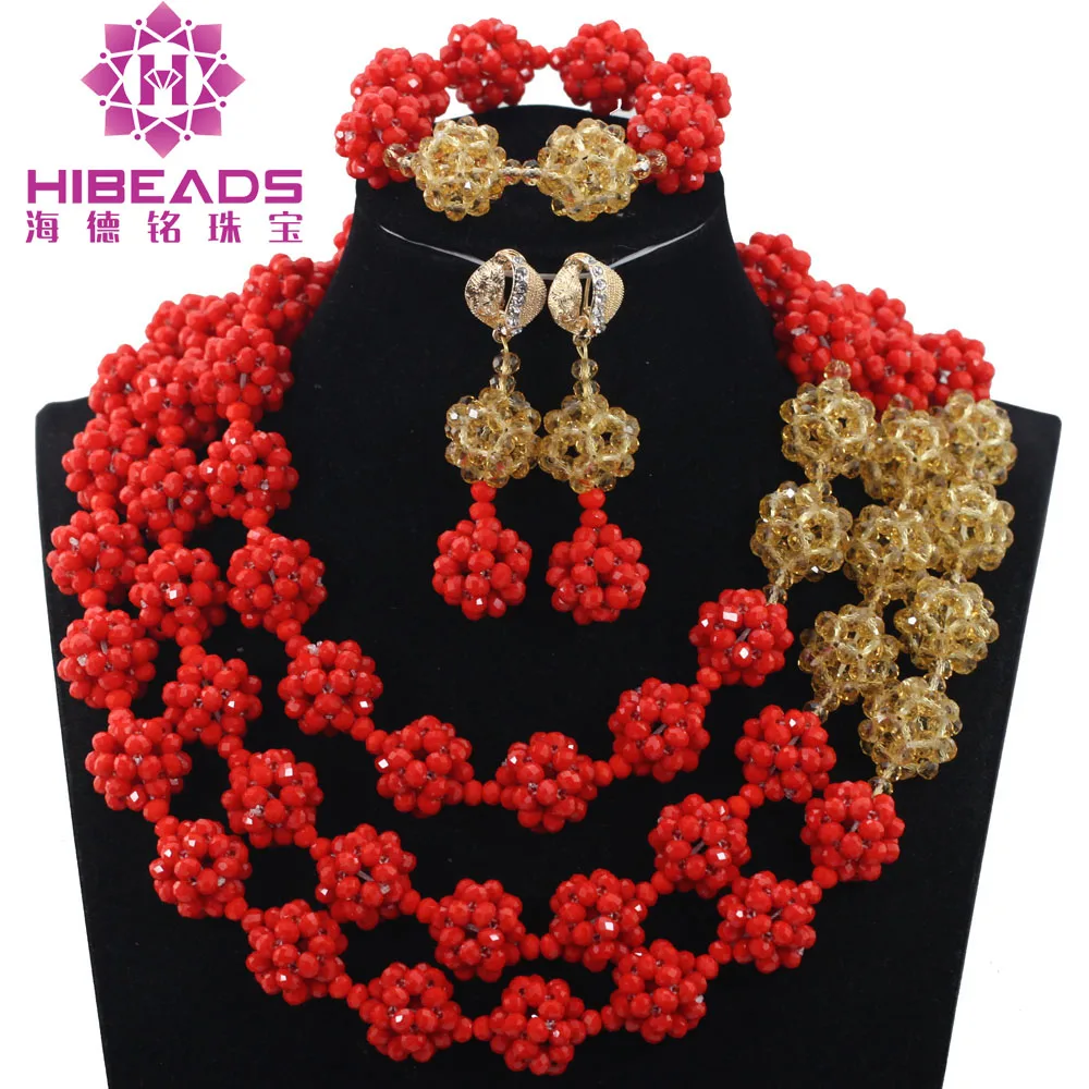 Trendy 2017 New Design Red African Beads Necklace Sets Red Gold Crystal Balls Women Fashion Jewellery Sets Free Shipping ABH466