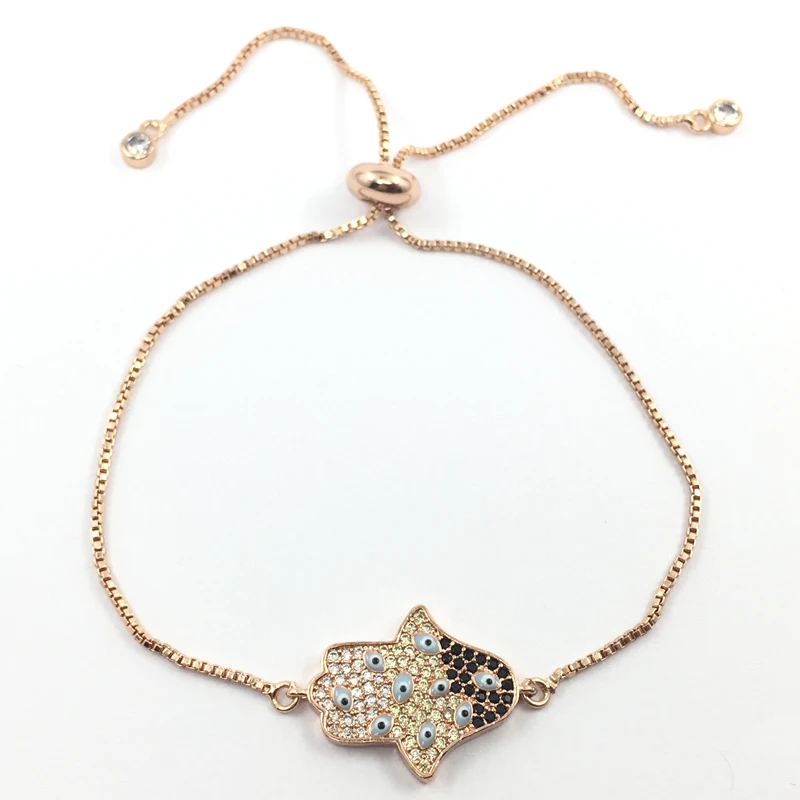 

Rose Gold color Fatima Hand Evil Eye Hamsa Charms for Women Adjustable Colorful Mico Pave Bracelets CZ jewelry