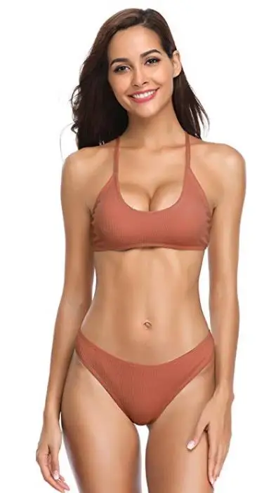 SHEKINI женский гребешок Холтер Shirred низкая талия обивка бикини из двух частей купальник пляж купальный костюм Купальники - Цвет: Brown