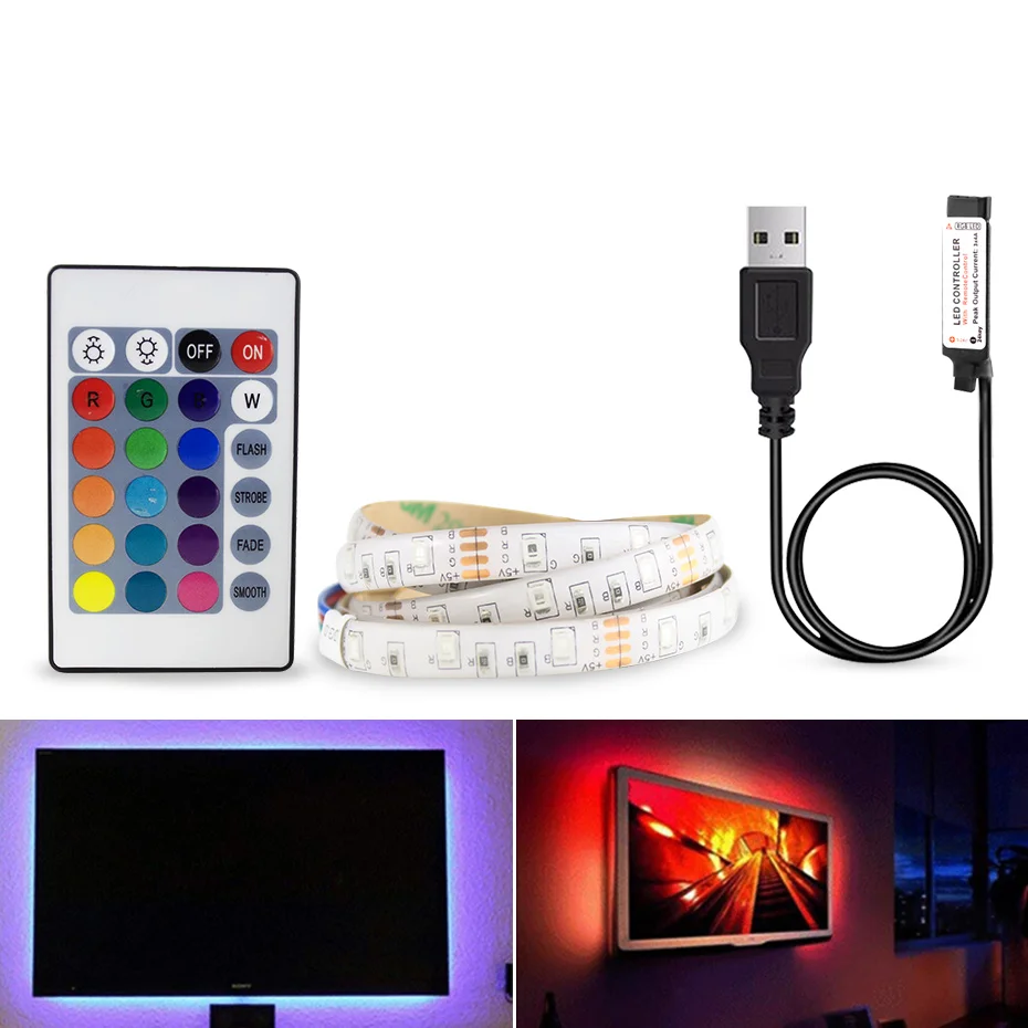 

Водонепроницаемая светодиодная лента RGB, USB, светодиодная подсветка для телевизора с дистанционным управлением, 5 в постоянного тока, меняющ...