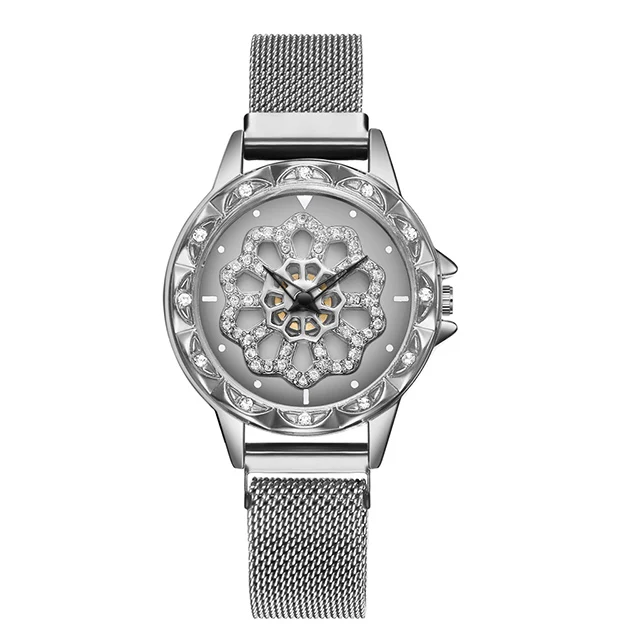 Silver Новые женские часы-браслет, женские вращающиеся магнитные часы, модные женские кварцевые наручные часы с кристаллами, reloj femenino - Цвет: Silver