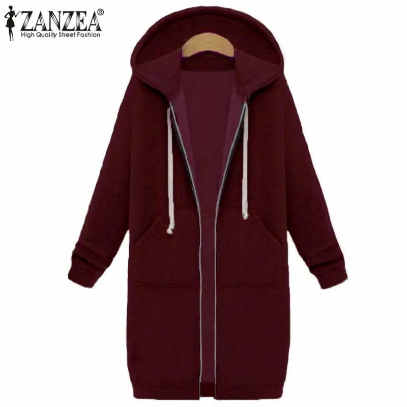 Claret Размера плюс ZANZEA зимняя женская повседневная с капюшоном на молнии с длинным рукавом и карманами свободная теплая Длинная толстовка пальто верхняя одежда куртки - Цвет: Claret