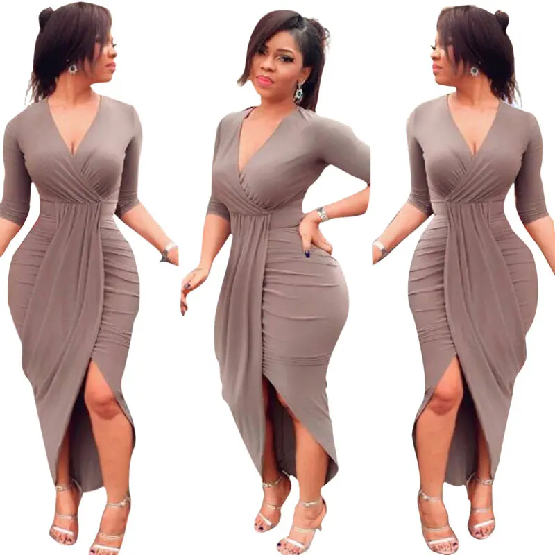 Летнее женское платье элегантные пикантные v-образным вырезом с длинным рукавом