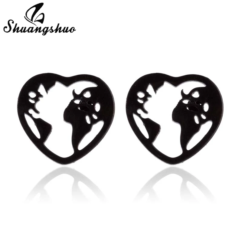 Shuangshuo Stainless Steel Heart World Map Earrings Fashion Cute Mini Earing for Women Ear Piercing Girls Tiny oorbellen | Украшения и