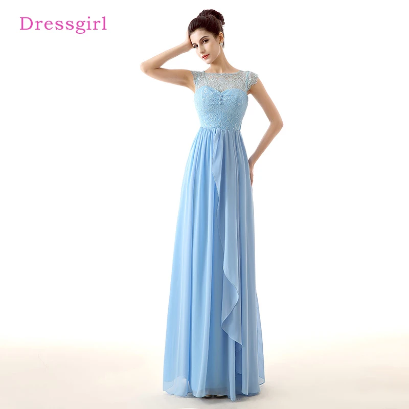 

Sky Blue Cheap Bridesmaid Dresses Under 50 A-line Cap Sleeves Chiffon Lace Bow Long Wedding Party Dresses