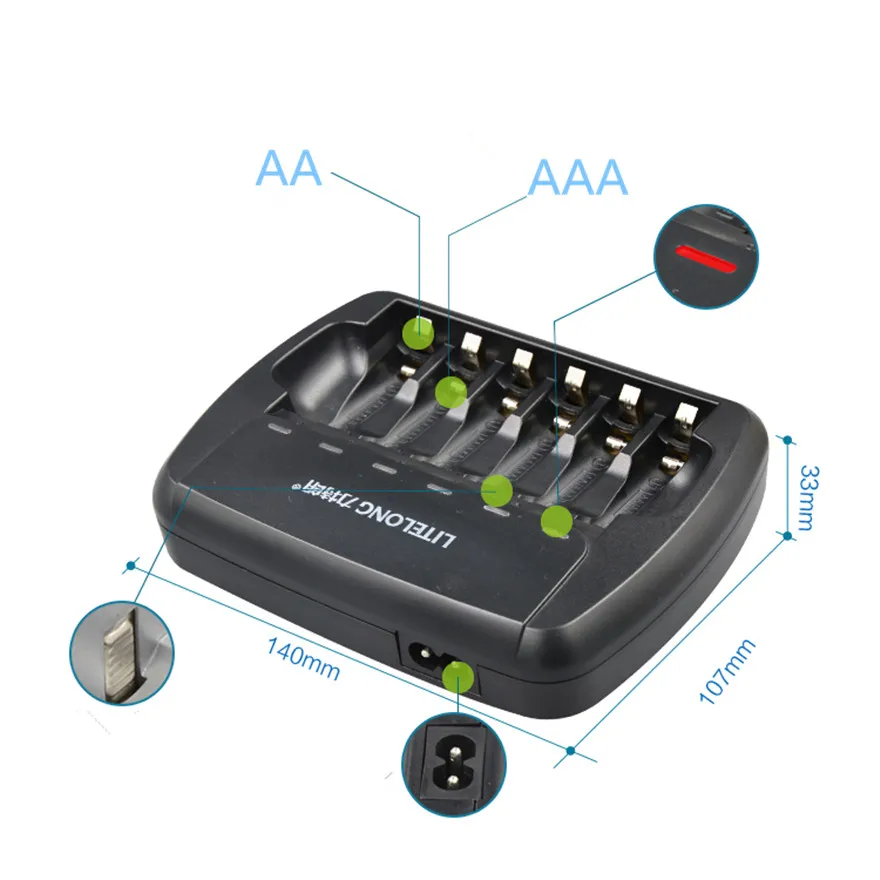 6PCS High quality AAA 1.2v 1250mAh Ni-MH rechargeable battery +1PCS 6-slot universal AA smart charger | Электроника