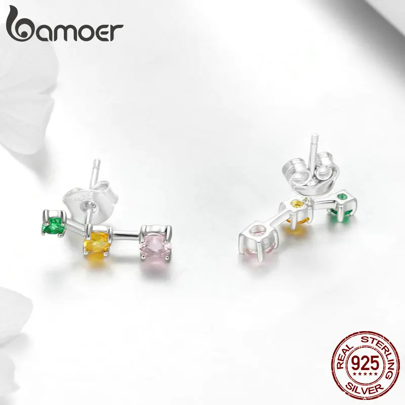 BAMOER Весенняя коллекция 925 пробы серебро Красочные площадь Циркон изысканные серьги со шпилькой, для Для женщин Модные украшения SCE495