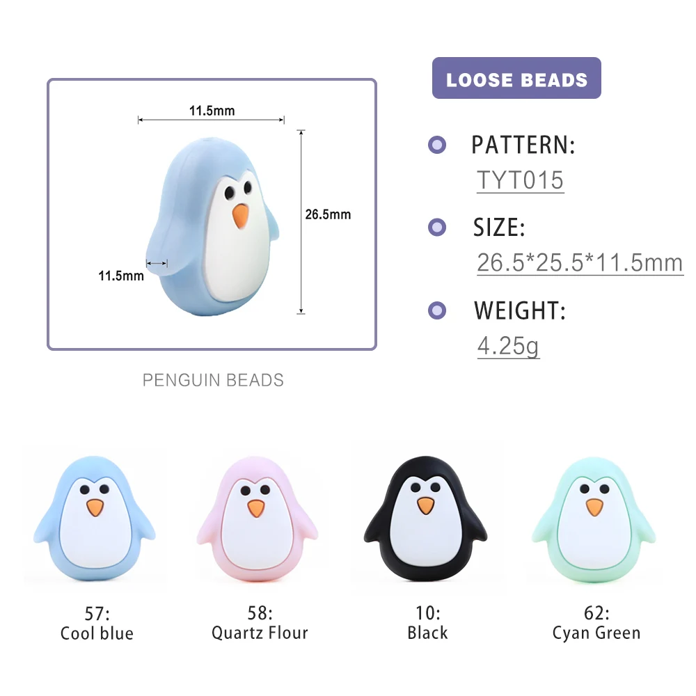 

TYRY.HU 2pc Penguin Animal Silicone Beads Food Grade Cartoon Teether BPA Free Baby Teething Toys DIY Pacifier Chain Accessories