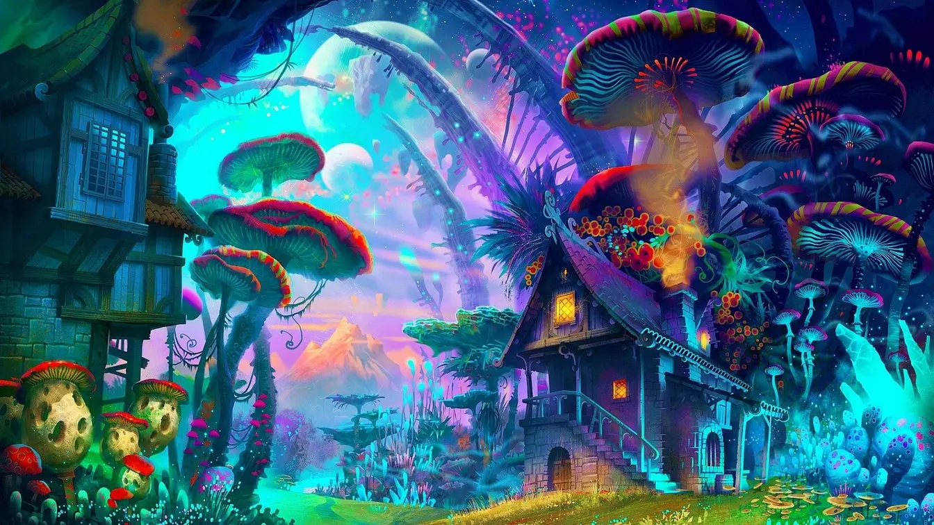 Psychedelic грибы волшебный лес домик сказка фоны компьютерный принт дети фото фон |