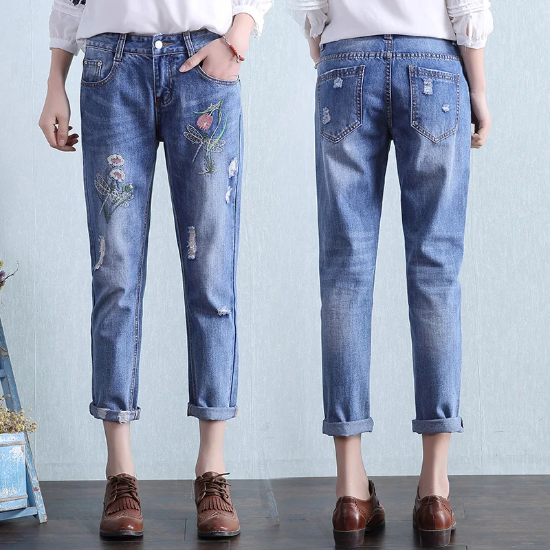 LYUSan женские джинсы с вышивкой рваные бойфренда штаны принтом Харадзюку
