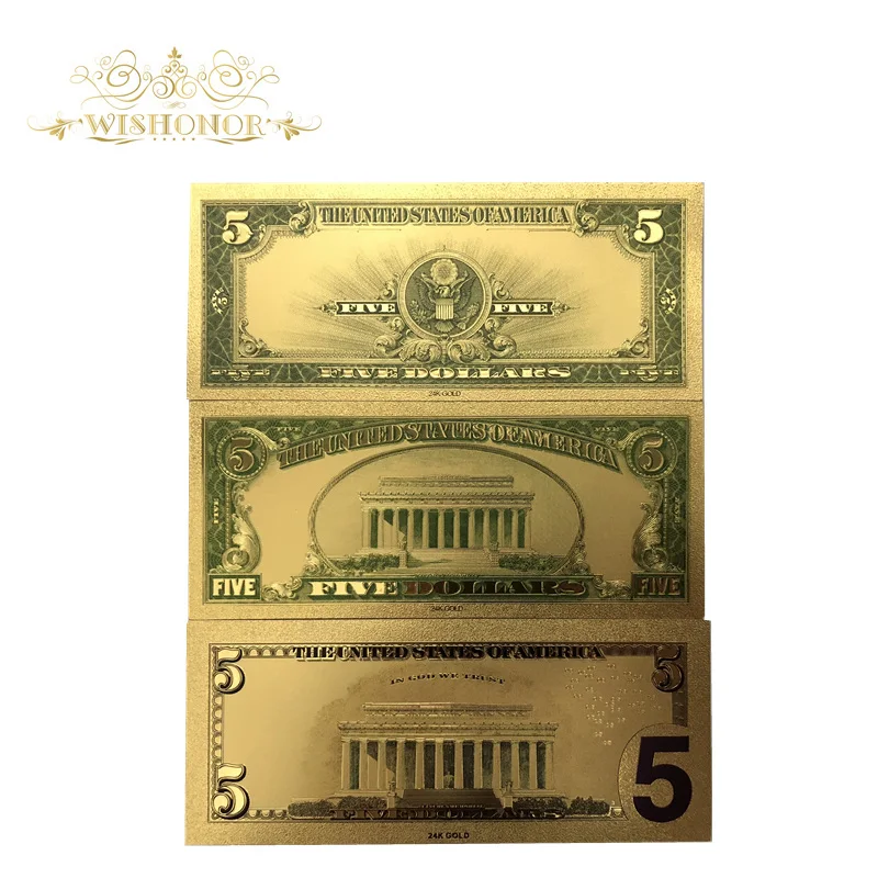 7 шт./лот наборы цветных американских банкнот 5 долларов США золотые банкноты в 24K