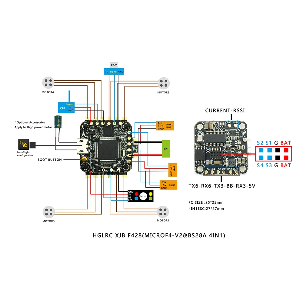 XJB F428 TX20.V2 F4 Контроллер полета OSD 4в1 28A Blheli_S ESC 5 8G fpv передатчик для RC Квадрокоптер
