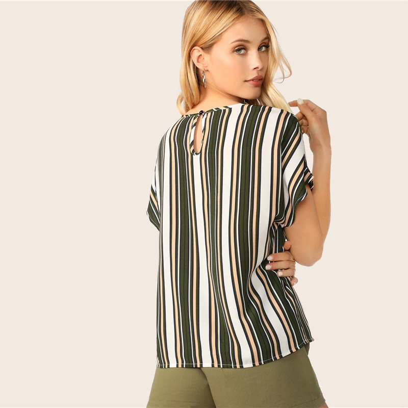 SHEIN летняя блузка в полоску с замочной скважиной на спине, Женские топы и блузки, повседневные женские топы с рукавом «летучая мышь» и круглым вырезом