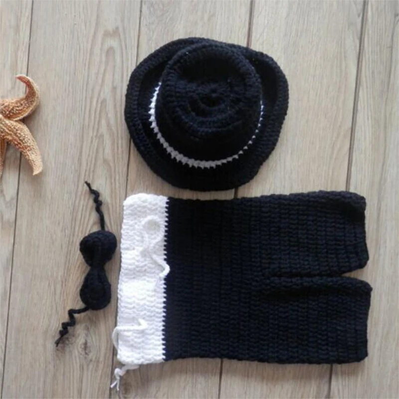 

Cute Newborn Baby Photography Props Outfits Knit Crochet Hat + Tie + Pants Costume Set Bebes Roupa Infantil Bebek D