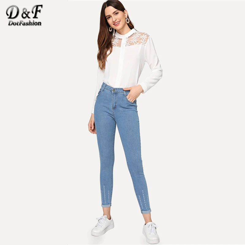 Dotfashion, синие,, однотонные, рваные, свернутые, обтягивающие джинсы, женские, с высокой талией, брюки, Осенние, повседневные, модные, на пуговицах, джинсовые брюки