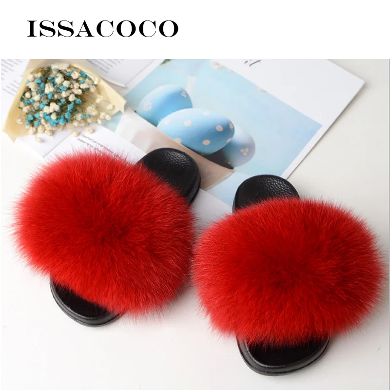 ISSACOCO летняя обувь для поездок женские меховые тапочки из натурального Лисьего
