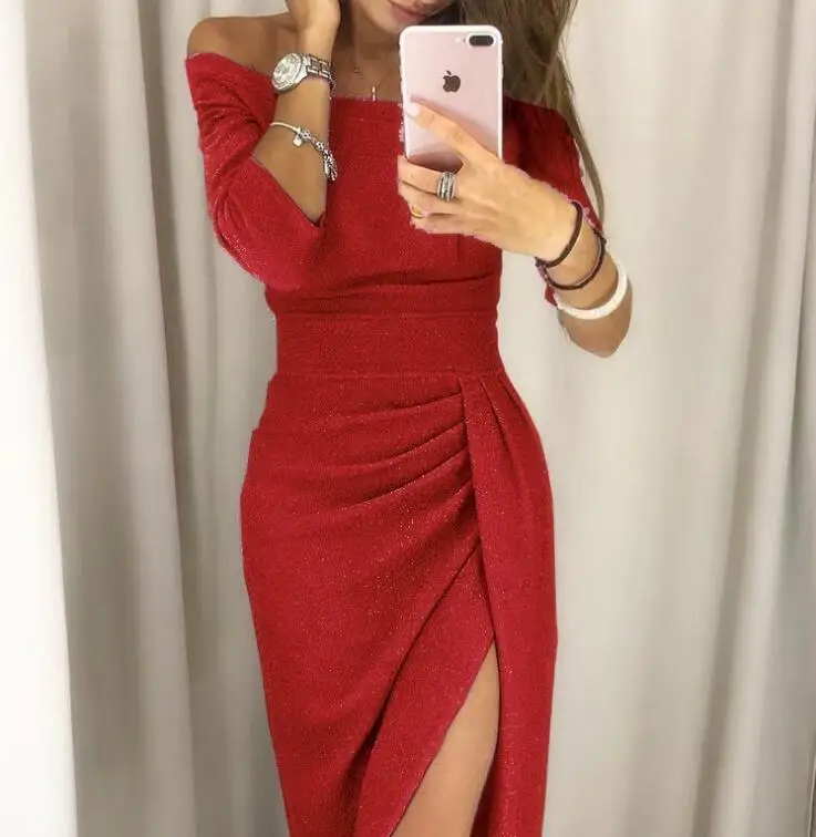 Zomerjurk dames Сверкающее Асимметричное Платье одно слово воротник элегантное женское платье longue femm vestidos de festa vestido fiesta mujer - Цвет: 8