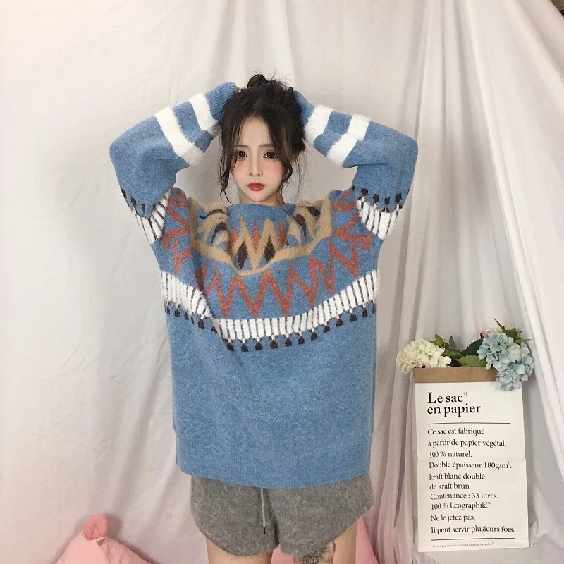 Lychee Girls Geometric Knitted Thick Women Sweater O Neck Long Batwing Sleeve Female Spring Autumn Preppy Style Pullover | Женская