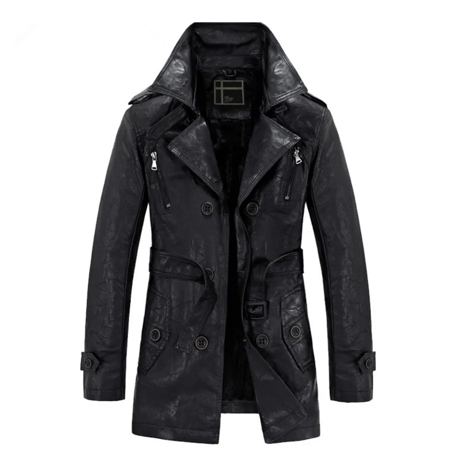 Бренд моды длинный кожаный куртка пальто мужское ПУ Для мужчин S кожаная флис