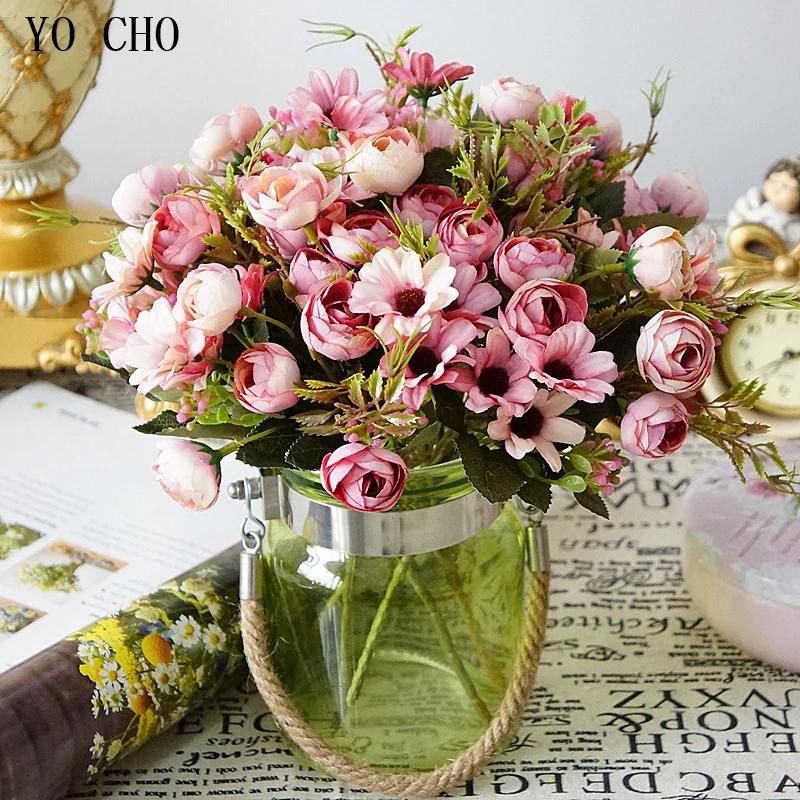 

Hybrid Artificial Tea Rose Flower Bouquet Chrismas Home Decoration Silk Peony Flower Daisy Green Plant Wedding White Fake Flower